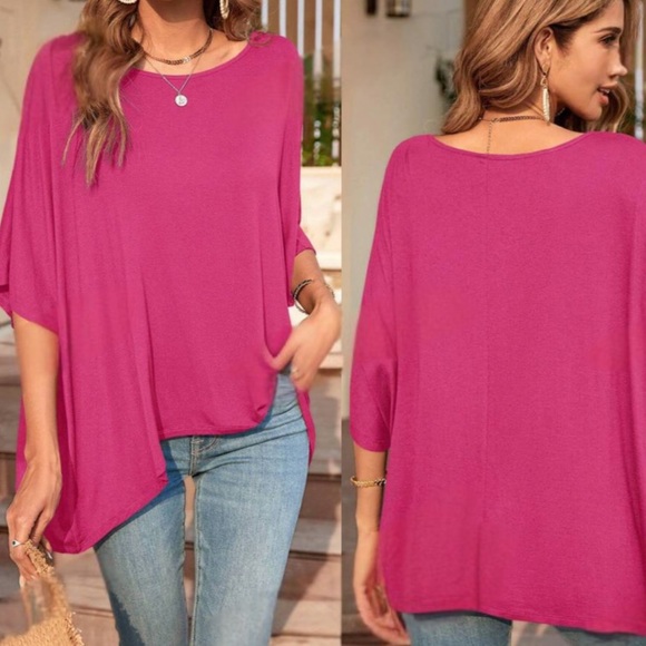 Boho hot pink batwing sleeve loose fit comfy top - Picture 2 of 12